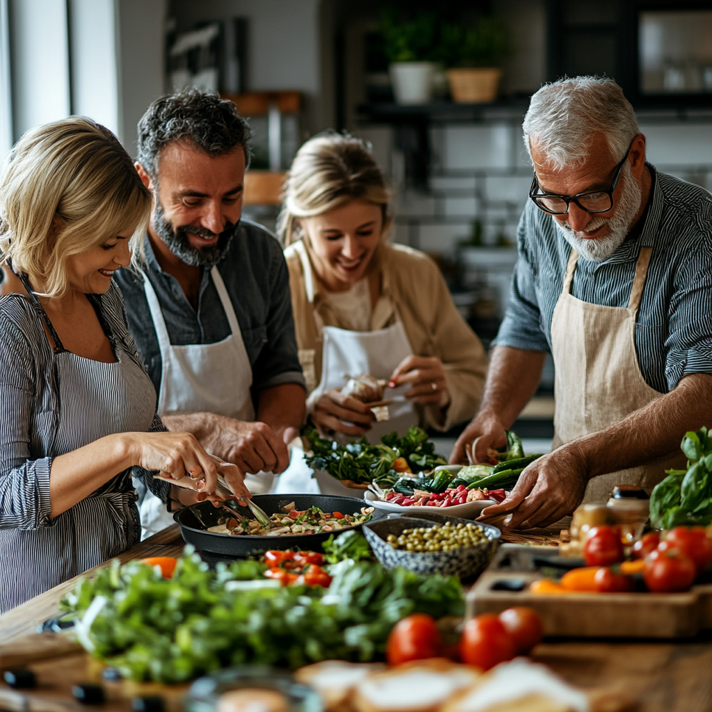 Група людей різного віку готує здорову їжу разом на сучасній кухні