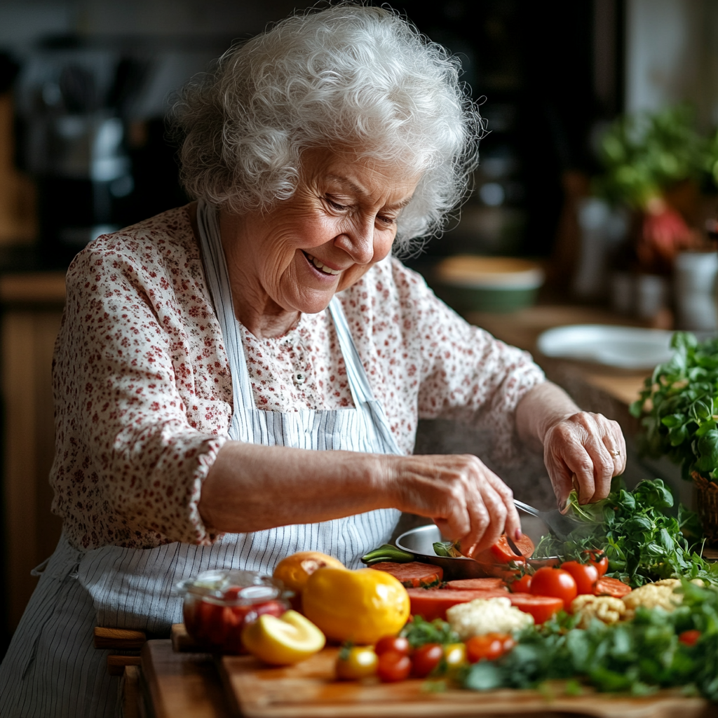 Щаслива жінка готує здорову їжу на кухні з різноманітними свіжими овочами та фруктами