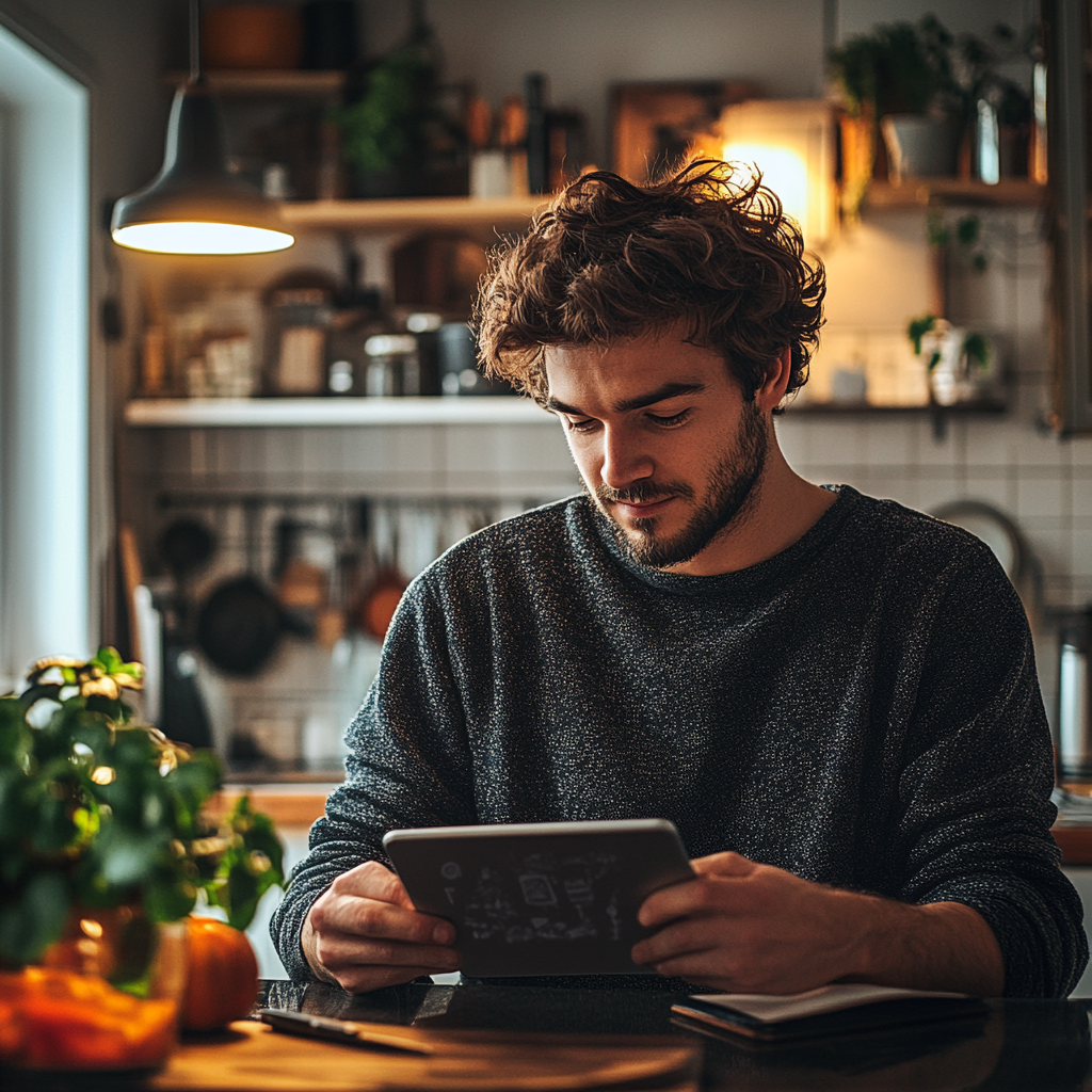 Молодий чоловік вивчає персоналізоване меню на планшеті в затишній кухні